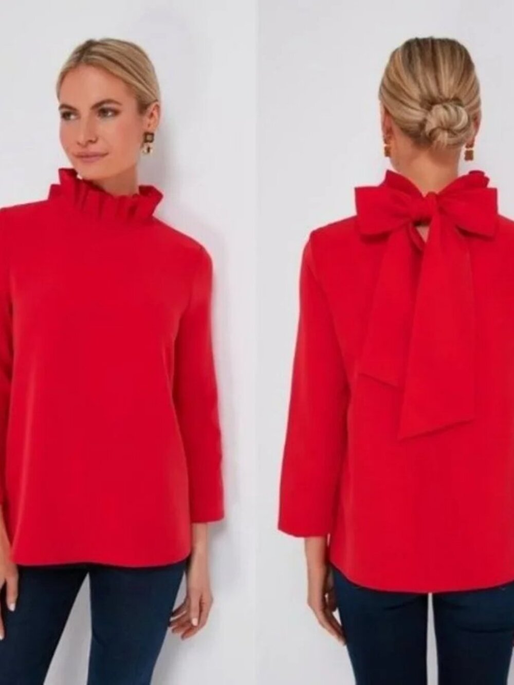 Tuckernuck Red Poppy Faye Blouse Tie Back Bow High Ruffle Neck Medium